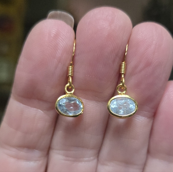 Blue Topaz Cushion Cut Natural Gemstone Sterling & Gold Earrings 2k - Picture 4 of 6